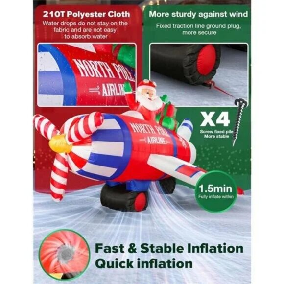8FT Airplane Christmas Inflatable Outdoor Decor with LED Lights Santa Claus - Picture 4 of 8